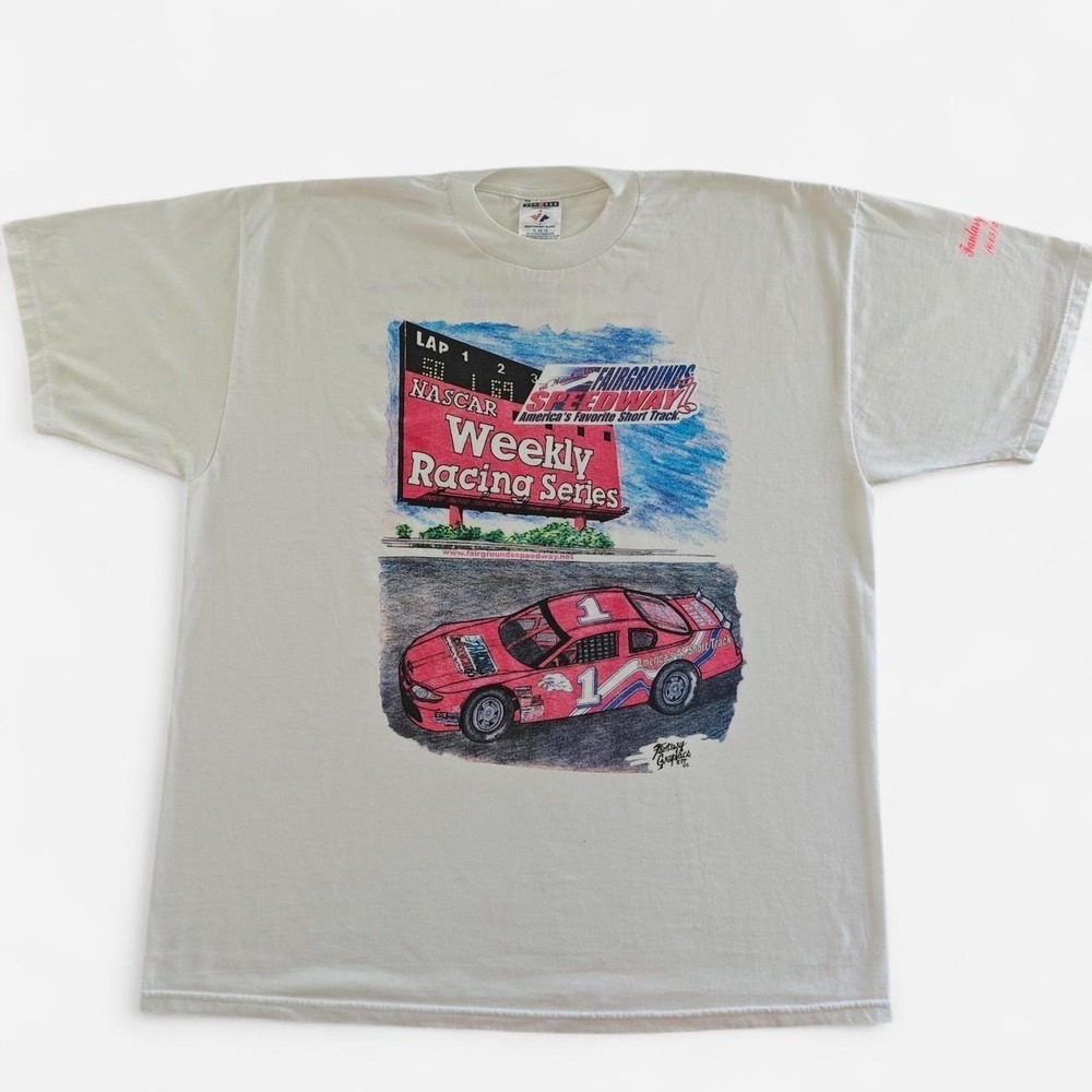 Vintage Jerzees Nashville Fairgrounds Speedway NASCAR T-Shirt XL White 2002